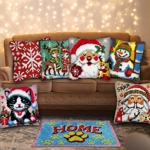 Christmas Reindeer Latch Hook Kits for Adults Kids, Beginners Animals Latch Hook Pillow Kit Pre-Printed Hook and Latch Rug Kit Cross-stitch Embroidery Cushion for Home Sofa Decoration 17x17 in. in Saudi Arabia