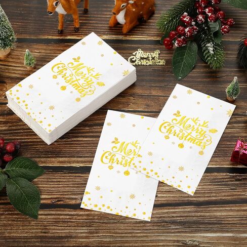 100Pcs Merry Christmas Napkins, Disposable Paper Napkins, Paper Cocktail Napkins Hand Towels for Christmas Dinner Winter Holiday Party Decorations and Supplies, 7.9 x 4.3 Inch in Saudi Arabia
