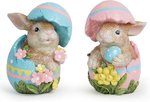 Hodao Easter Bunny Decorations Spring Easter Egg/Cup Bunny Indoor Home Decor Farmhouse Country Style Flowers Bunny Figurines (2pcs Easter Egg Rabbit Color 1) in Kuwait