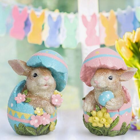 Hodao Easter Bunny Decorations Spring Easter Egg/Cup Bunny Indoor Home Decor Farmhouse Country Style Flowers Bunny Figurines (2pcs Easter Egg Rabbit Color 1) in Kuwait