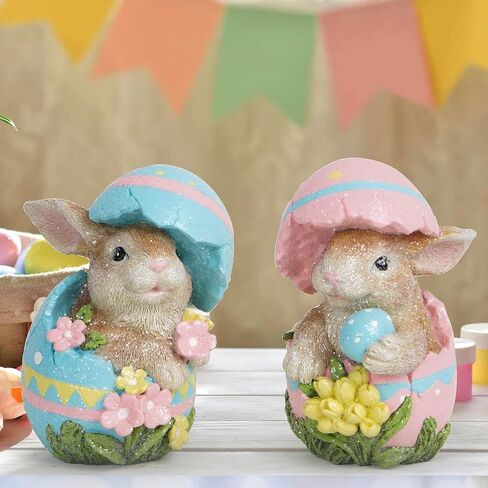 Hodao Easter Bunny Decorations Spring Easter Egg/Cup Bunny Indoor Home Decor Farmhouse Country Style Flowers Bunny Figurines (2pcs Easter Egg Rabbit Color 1) in Kuwait