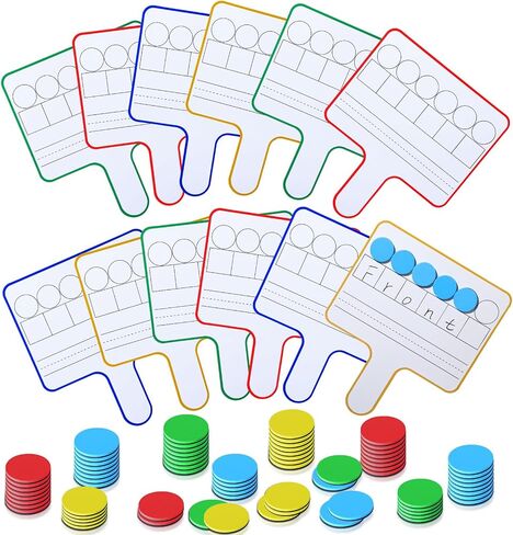 Seajan 12 Pcs Paddle Set Education Dry Erase Double Side Handheld Answer Board with Magnetic Counters Discs Phonemic Awareness Phonics Games Toy for Students Kids Teaching (Classic Color) in Kuwait