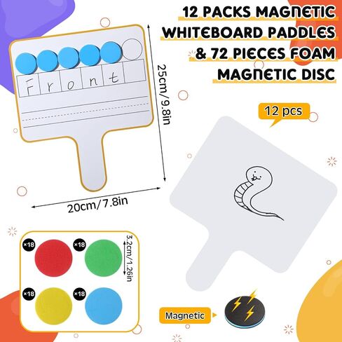 Seajan 12 Pcs Paddle Set Education Dry Erase Double Side Handheld Answer Board with Magnetic Counters Discs Phonemic Awareness Phonics Games Toy for Students Kids Teaching (Classic Color) in Kuwait