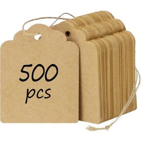 Uniclife 500 Pcs Price Tags with String Attached Writable Brown Kraft Paper Tags with Jute Twine Hang Tags Price Display Labels for Clothing Jewelry Blank Merchandise Marking Tags, 1.76" x 1.38"
