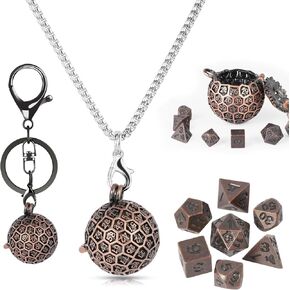 Kabinka Mini DND Dice Set, D100 Hollow Metal Dice Necklace, 7PCS Tiny D&D Dice with Keychain for Dungeons and Dragons, RPG, Portable Dice Case(Ancient Red Copper)