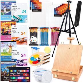 Shuttle Art 168 Pcs Artist Painting Set, Deluxe Art Set with Paint, Aluminum and Wooden Easels, Canvas, Paper Pads, Brushes and Other Art Supplies, Complete Painting Kit for Adults, Kids and Artists