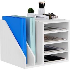 File Holder, Wooden Mail Organizer Countertop with Adjustable Compartments, Desktop File Organizer, Wood Desk Organizer Paper Sorter for Home, Office and School, Envelope Organizer, White