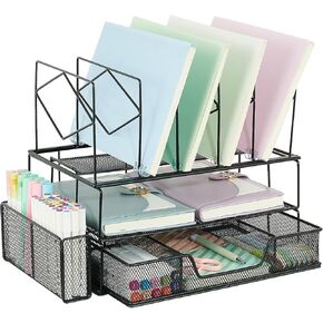 Youbetia Desk organizer with Pencil Holder and Drawer, Desk Organizers and Accessories, File Organizer Office Supplies Organization, Double Tray and 5 Upright Sections (purple)