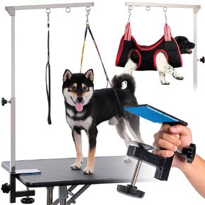 Dog Grooming Table Arm with Hammock - Adjustable Height, Pet Grooming Hammock, No Sit Haunch Holders, Loop Noose Heavy-Duty Clamp (Black)
