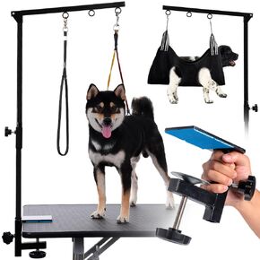 Dog Grooming Table Arm with Hammock - Adjustable Height, Pet Grooming Hammock, No Sit Haunch Holders, Loop Noose Heavy-Duty Clamp (Black)