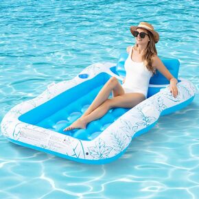 Inflatable Adult Pool Lounger Float - BAIAI Large Beach Sun Tanning Floaty Raft Sunbathing Water Lounge Floaties Tub with Drink Holder - Blow Up River & Lake Suntan Floating Swimming Mattress Mat