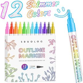 Shimmer Markers Outline Pens，12 Colors Metallic Glitter Pens Set Glitter Markers Pens Set for School Cards Lettering, Doodle Drawing Supplies Art Craft Teen Stuff Basket