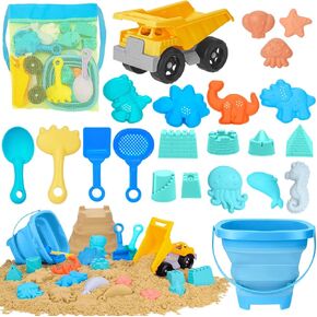Beach Toys, 31Pcs Sand Toys, Sandbox Toys with 2 Truck 2 Collapsible Sand Bucket, Shovel Set, Sand Castle Kit, Animal Dinosaur Molds etc. Mesh Bag, Travel Toys for Kids Toddlers Boys Girls