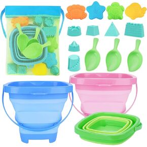 Collapsible Foldable Beach Sand Buckets and Shovels Set - Beach Toys for Kids with Mesh Bag & Sand Molds, Silicone Beach Sand Pails for Travel, Kids and Toddlers