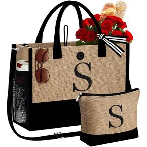 YOOLIFE Christmas Gifts for Women - Initial Jute Tote Bag & Makeup Bag, Birthday Gifts for Women Her Mom Teacher Friend