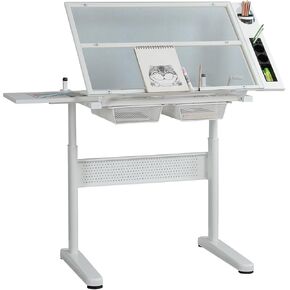 Hand Adjustable Height Drafting Table Artist Drawing Table Multifunctional Art Craft Artists Desk Tilting Glass Tabletop Glass Topped Art Desk Work Station With Stool and Chair for Home Office White