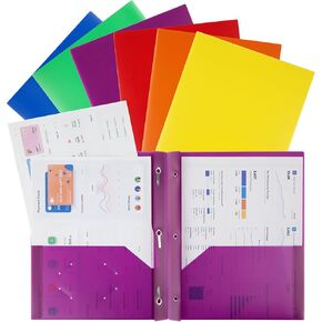 Heavy Duty Folders with 2 Pockets Assorted Colors 6 Pack,Plastic Folders with Pockets and Prongs Fit Letter Size,Suitable for Office, Home and School