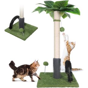 Topmart 29.5" Tall Cat Scratching Post for Large Indoor Cats, Sisal Scratching Post with Self Groomer and 2 Dangling Balls,Green