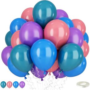 Pink Blue Purple Balloons, 12Inch Teal Blue Purple Pink Balloons, Retro Dusty Pink Turquoise Blue Purple Latex Cartoon Theme Balloons for Kids Birthday Baby Shower Hawaii Tropical Party Decorations