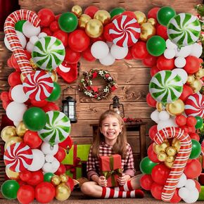 Christmas Balloons Arch Kit Christmas Decorations, 126 PCS Christmas Balloons with Red Green White Gold Balloons Candy Cane Balloons Garland for Christmas Holiday Birthday New Year Party Decorations