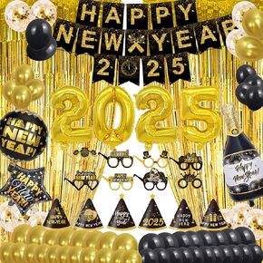 Happy New Year Party Supplies 2025 - Banner, Hats, Glasses, Fringe Curtains and Foil Balloon, , Swirls, Confetti, New Years Eve Black and Gold Party Decoration Decor Kit