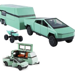 1/32 Diecast Pickup Trailer RV Model Toy Truck with Beach Motorcycle, Alloy Metal Pickup Truck Model Diecast Vehicles with Sound Light Pull Back, Birthday Gifts for Boys Adults (Green)