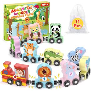 11 Pcs Magnetic Train Set Montessori Toys for 1 2 3 Years Old Toddlers Boys Girls, Wooden Animals Preschool Learning Activities Educational Sensory Toys Birthday Gifts Ages 1-3, 2-4