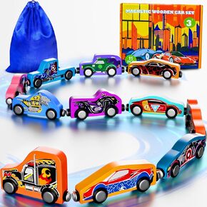 Toys for Boys 3-5, 11 Magnetic Train&Car Set Wooden Toys for Toddlers Montessori Toys for 3+ Year Old Superhero Toys Toddler Cars Christmas&Birthday Gifts for 3+ Year Old Boys Cars Toys for Kids 3-5