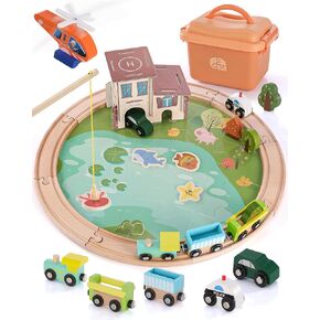 Wooden Train Track Set - 48-Piece Toy Train Tracks Compatible with Thomas, Brio, Melissa & Doug - Includes Fishing and Puzzles for Toddlers 3-8 - Educational for Fun Playtime