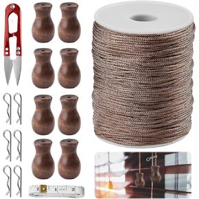 WXJ13 110 Yards Roman Blind Cord 1.8 mm Brown Braided Nylon Lift Shade Cord with 8 Pack Wood Cord Knobs+6PCS R Clips+1 Soft Tape+1 Scissors (Brown) Shade Cord for Aluminum Blind Shade