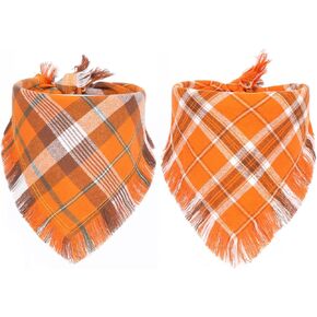Fall Dog Bandanas with Tassels Edges 2 Pack, Stylish and Soft Plaid Dog Halloween Thanksgiving Dog Bandana, Holiday Orange Plaid Bandana for Medium and Large Dogs (Fall-01, Large)