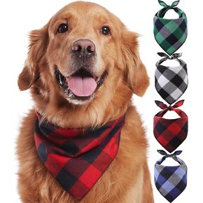 Dog Bandana 4 Pack - Dog Bandanas Boy, Girl, Premium Durable Soft Lightweight Fabric, Buffalo Plaid Scarf for Medium and Large Dogs Pets, Black and White, Red, Green, Blue, Large