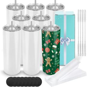 D·S 12 Pack Sublimation Tumblers 20 oz Bulk Skinny Straight Flat Bottom Blank Tumbler Cups with Individual Gift Boxed for Heat Transfer DIY Craft