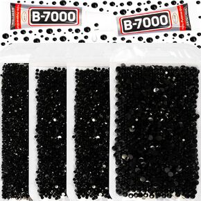 30200 قطعة من أحجار الراين السوداء بظهر مسطح مع غراء b7000 للحرف اليدوية والملابس والأحذية القماشية وأقواس القميص، مجموعة مبهرة سوداء بظهر مسطح من أحجار الراين اللامعة والأحجار الكريمة الماسية 2/3/4/5 مم