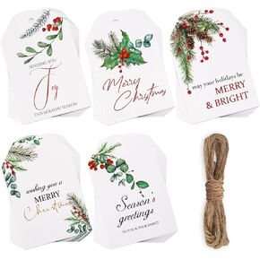 50 PCS Christmas Gift Tags Holly Mistletoe Berries Craft Paper Labels with Hemp Rope Hanging Christmas Name Tag for Personalizing Christmas Holiday Present Decorations, 5 Styles