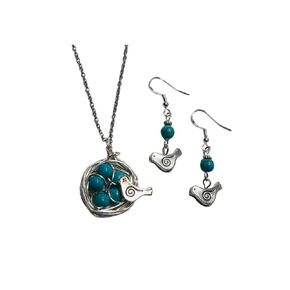Robin or Bird's Nest Pendant with 5 turquoise eggs & Earring Set - with 5 turquoise stone Eggs on a 24 inch stainless steel link chain