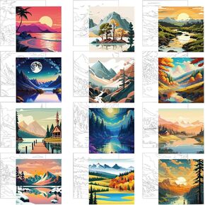 Affrolling 12 Pcs Pre Drawn Canvas for Painting for Adults 8 x 8 Inch Canvas Painting Kits Stretched Canvas with Drawing Ready to Paint Beginner Artists Date Night Party Supplies(Scenery)