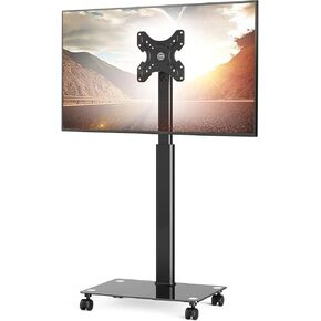 FITUEYES Mobile TV Stand with Wheels for 32-60 65Inch TV Screen, Rolling TV Floor Stand with Mount, TV Cart with Black Tempered Glass Base & Wire Management, Holds 66 lbs