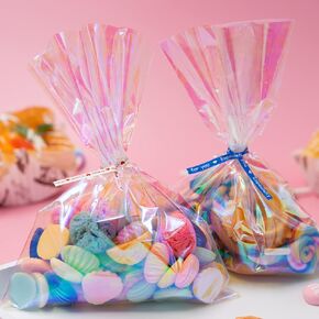 Cellophane Bags,Cellophane Treat Bags, Iridescent Holographic Candy Bags, Clear Goodie Bags with 5 Colors Pieces Twist Ties for Birthday Party Favors, Easter, Weddings