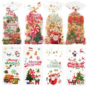 ricluck 120 Pcs Christmas Cellophane Treat Bags, Clear Xmas Goodie Candy Bags with Twist Ties for Christmas Winter Holiday Party Favors Supplies