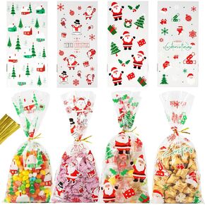 idolpack 50 Pack Christmas Candy Bags, 5"x10" Cellophane Bags with Christmas Santa, Snowman, Reindeer, Xmas Trees Designs Cello Bags 4 Patterns, Xmas Party Decorations Treat Bags for Gift Giving