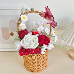JOMODECOR Handmade Crochet Sunflower Rose Daisy Mixed Bouquet Basket, Knitted Artificial Forever Flowers, Gift to Girlfriend Mom Women, Perfect for Valentines, Home Decor, Celebration (Orange)