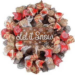Rustic Let It Snow Wreath | Winter Christmas Mesh Front Door Wreath; White Red Brown Jute