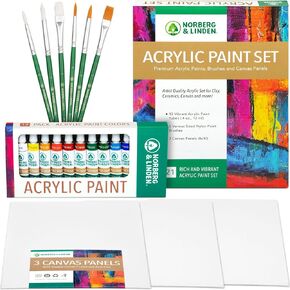 Acrylic Paint Set -12 Acrylic Paints, 6 Paint Brushes for Acrylic Painting, 3 Painting Canvas Panels - Premium Art Supplies for Adults Canvas Painting