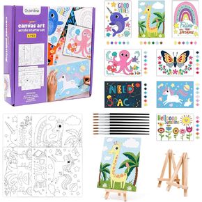 8 Packs 5x7 Pre Drawn Canvas Set,Paint by Numbers for Kids,48 Paints 8 Brushes 2 Easels,Pre-Printed Acrylic Oil Painting Kit Ages 8-12 9-12 4-8