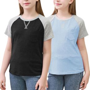 تي شيرت GORLYA مكون من قطعتين للفتيات بأكمام راجلان متباينة كاجوال وبسيط أساسي مع جيب للأعمار من 8 إلى 16 عامًا in Kuwait