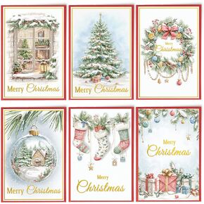 24 Christmas Cards Assortment, Festive Gold Foil Glitter Watercolor Bulk Xmas Cards with Envelopes & Messages - 6 Patterns, 4 3/4" x 7" for Friends, Family, Kids, Boys & Girls