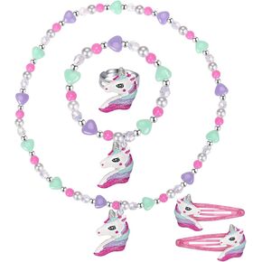 Girls Play Necklace and Bracelets Ring Hair Clips Toddler Unicorn Jewelry Kids Little Girls Unicorn Necklace Set Charm Rainbow Unicorn Pendants Party Favors Toddlers Colorful Dress up Jewelry Gifts-AA001