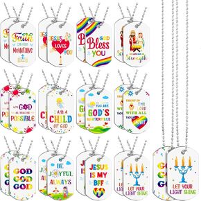 Aliceset 24 Pcs Bible Verses Religious Christian Dog Tag Necklace Religious Party Favors Inspirational Motivational Christian Necklace for Sunday School Prizes Gift