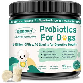 Probiotics for Dogs Digestive Health, Dog Probiotics and Digestive Enzymes, Prebiotics, Omega-3 & 6 and Vitamin for Dogs, 6 Billion CFUs for Gut Health and Immune Support, 120 Chews